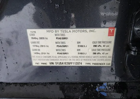 2015 Tesla Model S 70D/85D/P85D z USA, uszkodzony, nr VIN 5YJSA1E26FF112074